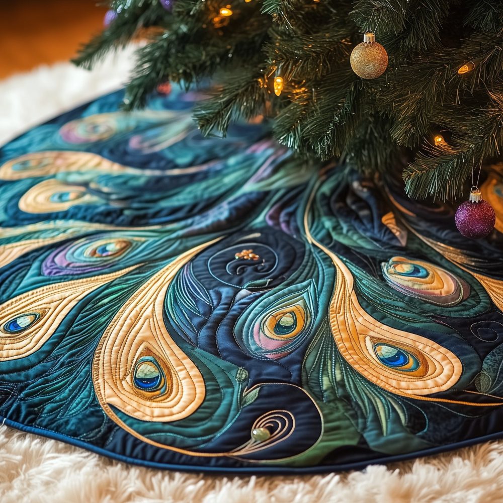 Swirling Teal And Gold Feather Christmas Tree Skirt - Handcrafted Made-To-Order Holiday Décor For Elegant Homes