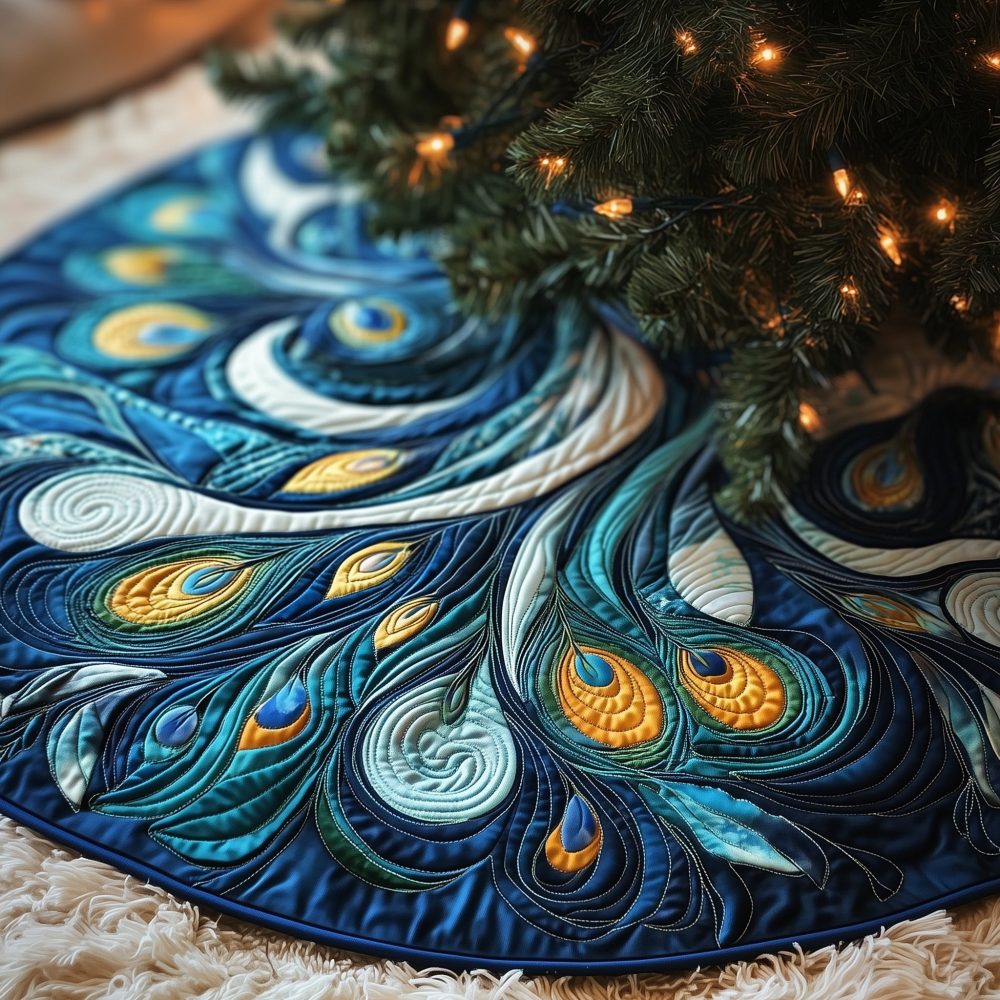 Sapphire And Gold Feather Swirl Christmas Tree Skirt - Handcrafted Made-To-Order Luxury Holiday Accent