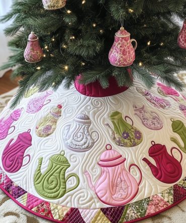 Vintage Teapot Christmas Tree Skirt - Charming Tea Party Holiday Mat, Floral Teapot Design, Custom Made To Order