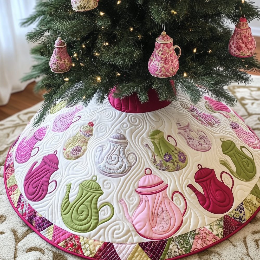 Vintage Teapot Christmas Tree Skirt - Charming Tea Party Holiday Mat, Floral Teapot Design, Custom Made To Order
