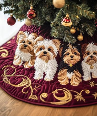 Burgundy Scroll Yorkie Trio Christmas Tree Skirt - Rich Velvet-Look Fabric, Custom-Fit Options, Personalized Pet Design, Elegant Holiday Centerpiece