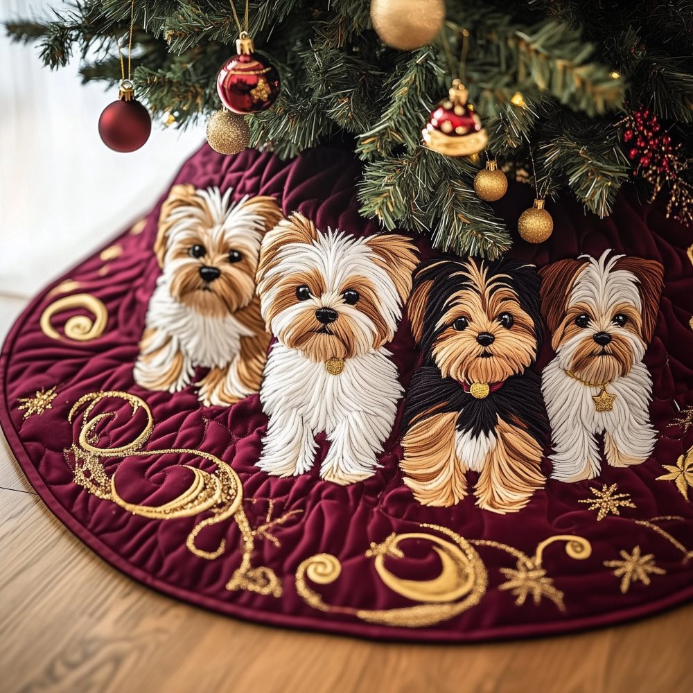 Burgundy Scroll Yorkie Trio Christmas Tree Skirt - Rich Velvet-Look Fabric, Custom-Fit Options, Personalized Pet Design, Elegant Holiday Centerpiece