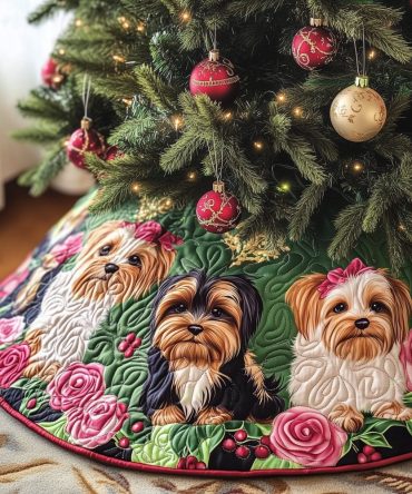 Rose Garden Yorkies Christmas Tree Skirt - Floral Canine Artwork, Custom Sizes, Handcrafted Holiday Accents, Soft Durable Fabric, Gift-Ready