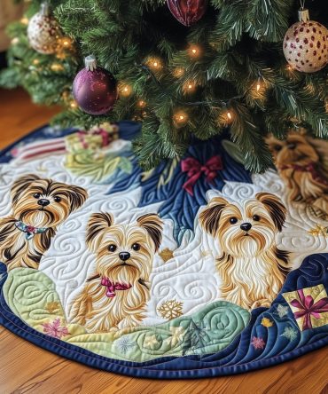 Adorable Yorkie With Pink Bow Christmas Tree Skirt - Personalized Dog Design, Soft Fabric, Custom Sizes, Perfect Gift For Yorkie Owners