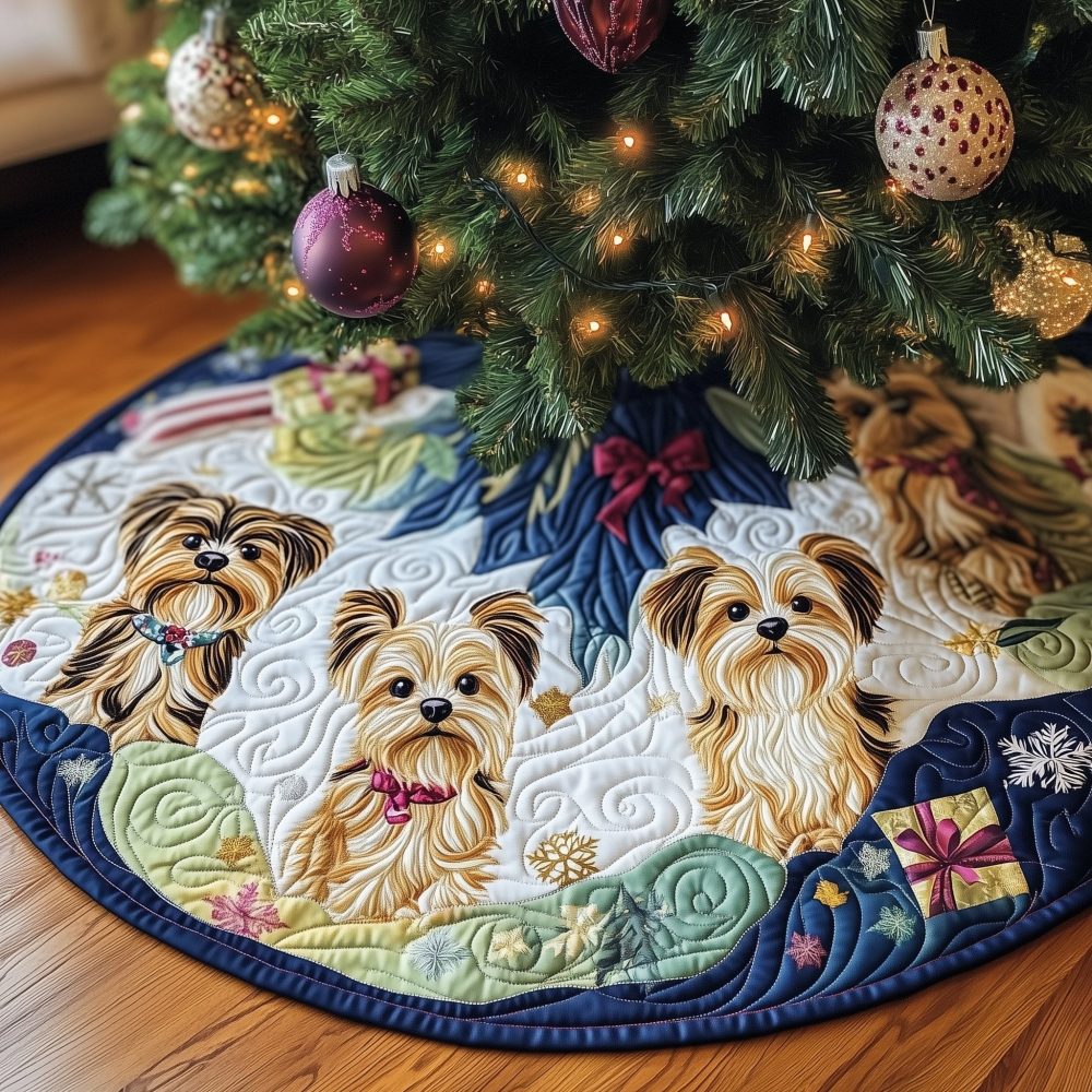 Adorable Yorkie With Pink Bow Christmas Tree Skirt - Personalized Dog Design, Soft Fabric, Custom Sizes, Perfect Gift For Yorkie Owners