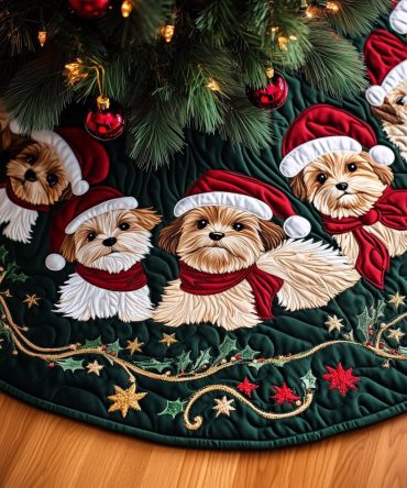 Festive Yorkies In Santa Hats Christmas Tree Skirt - Personalized Pet Lover Design, Custom Sizes, Premium Felt Finish, Handmade Holiday Gift