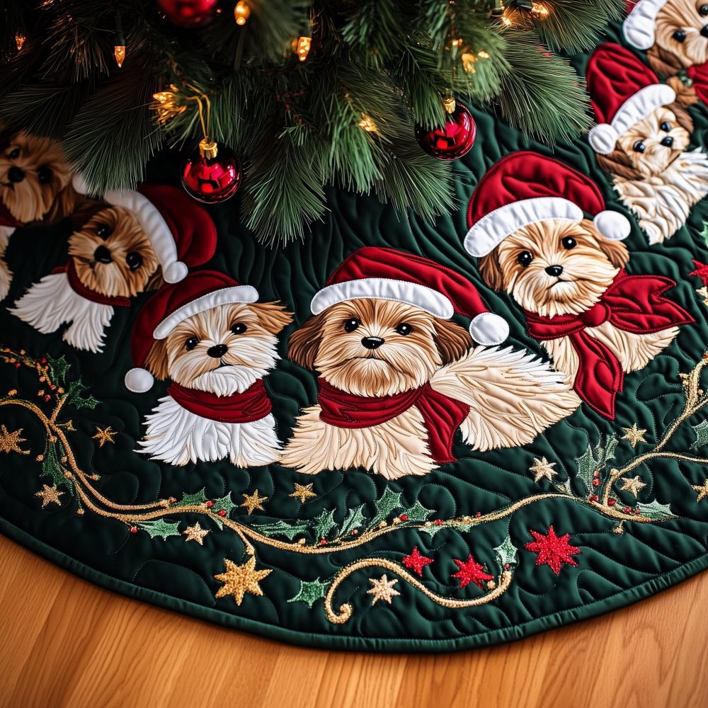 Festive Yorkies In Santa Hats Christmas Tree Skirt - Personalized Pet Lover Design, Custom Sizes, Premium Felt Finish, Handmade Holiday Gift