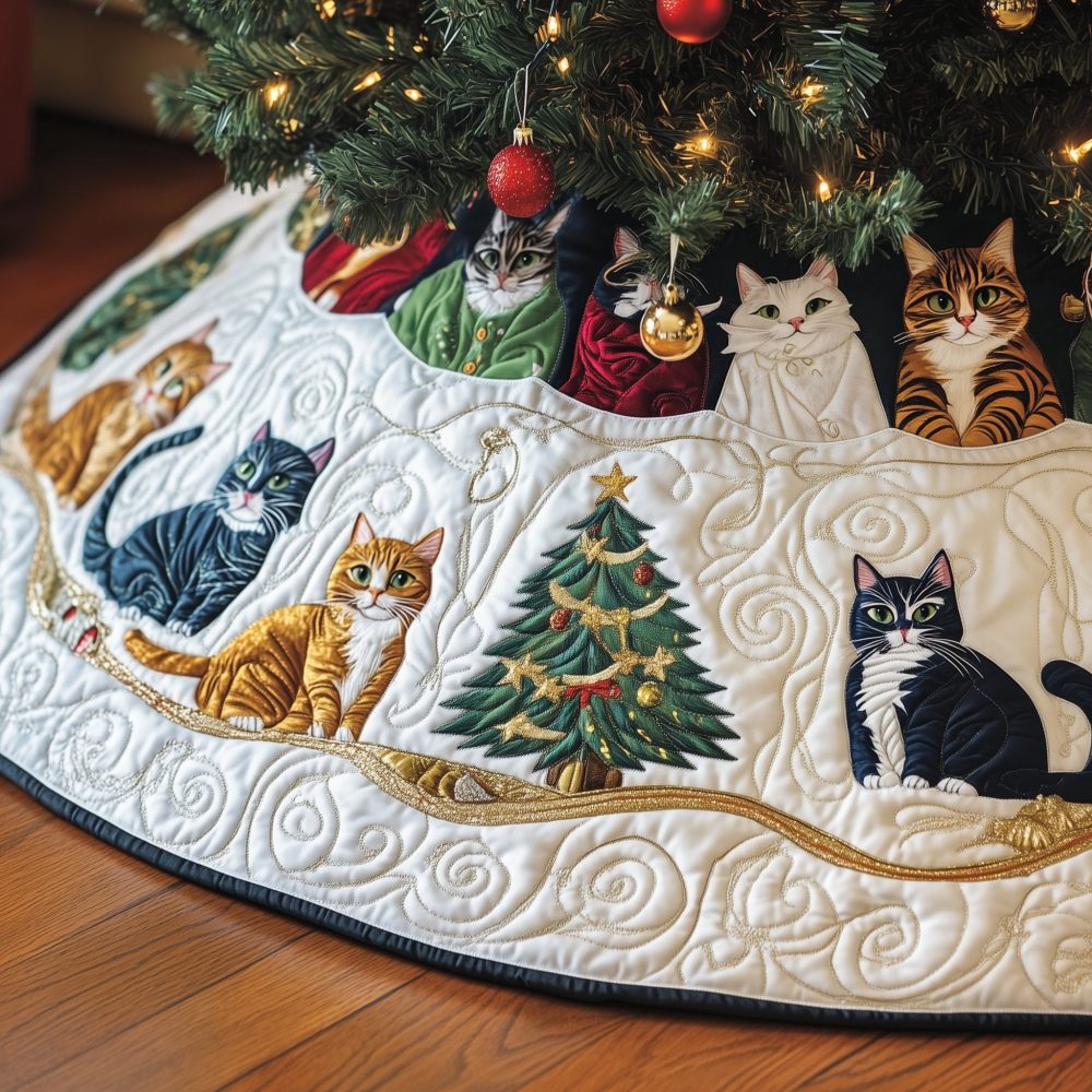 White Background Cat Tree Skirt - Cats Encircling Tree Design, Custom Handmade Holiday Skirt For Cat Lovers