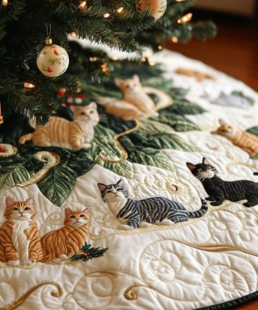 Custom Cat Snow Scene Tree Skirt - Charming Cat Gathering In Snow, Handmade Holiday Tree Skirt, Personalized