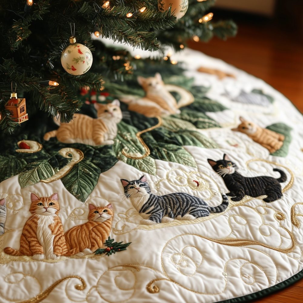 Custom Cat Snow Scene Tree Skirt - Charming Cat Gathering In Snow, Handmade Holiday Tree Skirt, Personalized