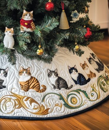 Premium Cat Christmas Tree Skirt - Elegant Gold Scroll Border With Cats, Custom Handmade Holiday Tree Collar