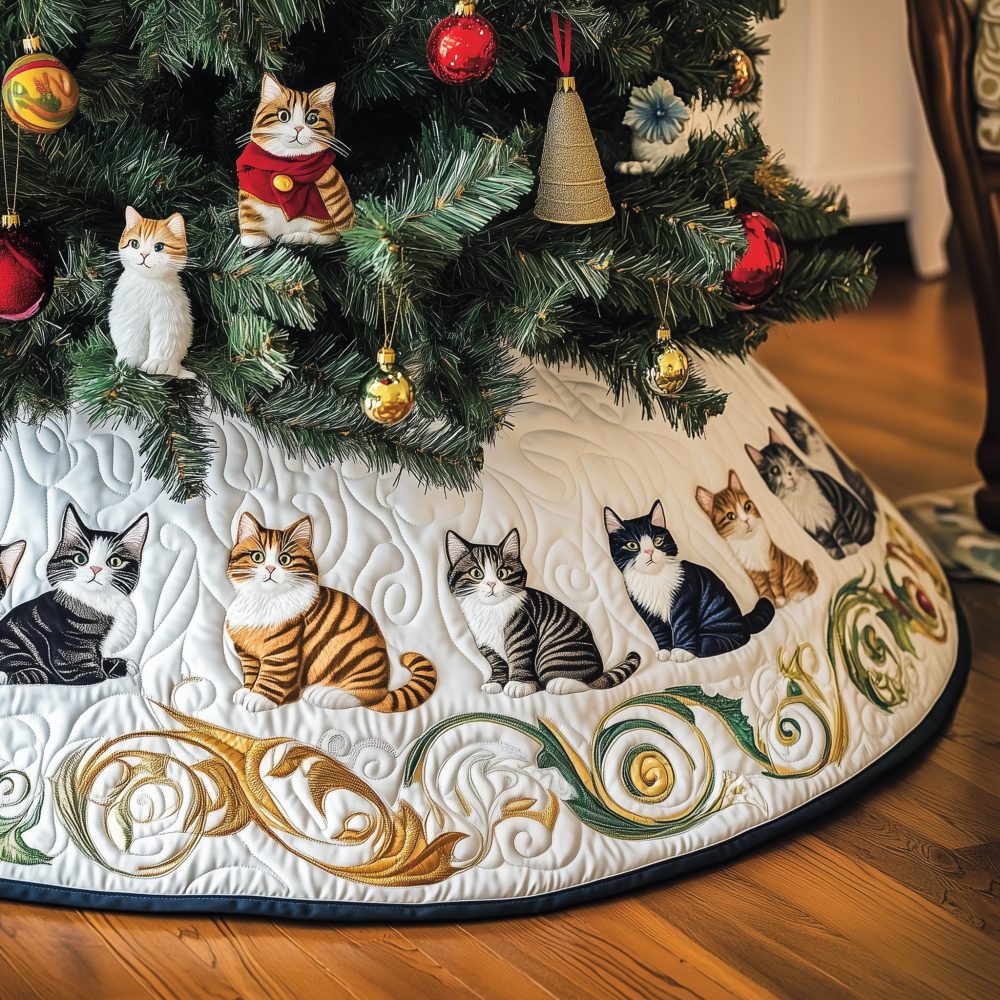 Premium Cat Christmas Tree Skirt - Elegant Gold Scroll Border With Cats, Custom Handmade Holiday Tree Collar