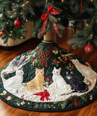 Handmade Cat Christmas Tree Skirt - Cozy Pine Scene With Cats Under Tree · Custom Made Holiday Tree Collar