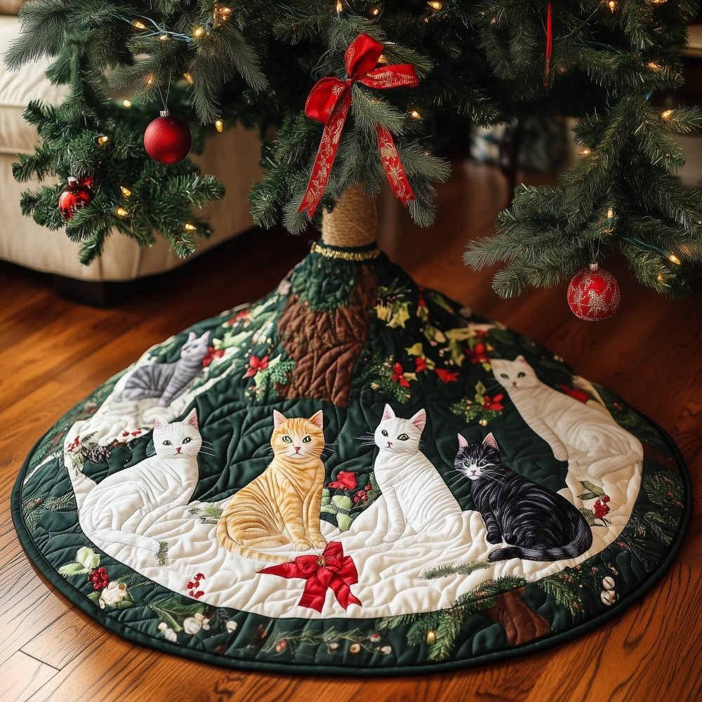 Handmade Cat Christmas Tree Skirt - Cozy Pine Scene With Cats Under Tree · Custom Made Holiday Tree Collar