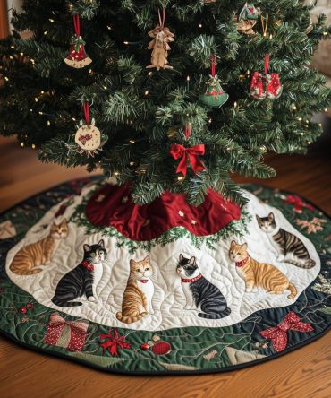Emerald Cat Circle Tree Skirt — Luxurious Green Holiday Skirt With Cat Motif, Custom Sizes, Velvet & Soft-Texture Options