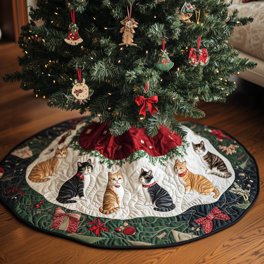 Emerald Cat Circle Tree Skirt — Luxurious Green Holiday Skirt With Cat Motif, Custom Sizes, Velvet & Soft-Texture Options