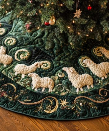Luxurious Wooly Sheep Christmas Tree Skirt With Gold Scroll Accents - Custom Made, Soft Wool Blend, Perfect Holiday Decor & Gift