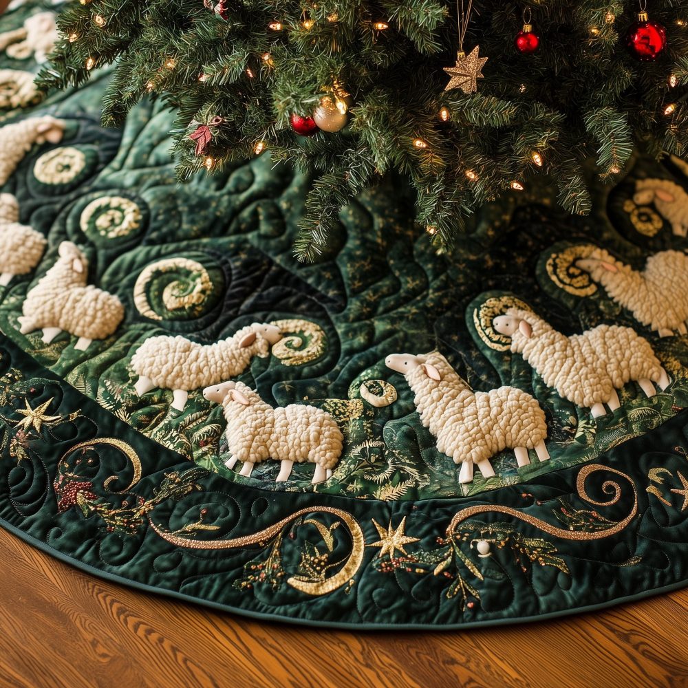 Luxurious Wooly Sheep Christmas Tree Skirt With Gold Scroll Accents - Custom Made, Soft Wool Blend, Perfect Holiday Decor & Gift