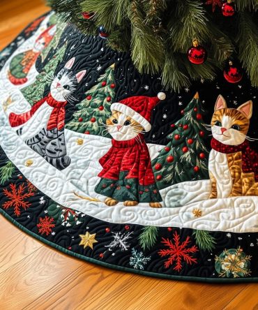 Cats In Winter Coats Skating Tree Skirt — Playful Ice-Skating Cat Holiday Skirt, Custom Made, Soft Durable Fabric