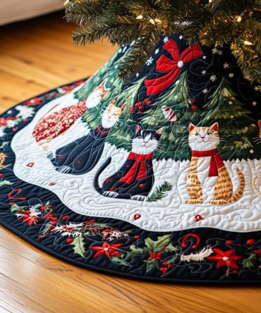 Scarf Cats On Snow Ring Tree Skirt — Whimsical Winter Cat Design On White Background, Made-To-Order, Custom Fit Options