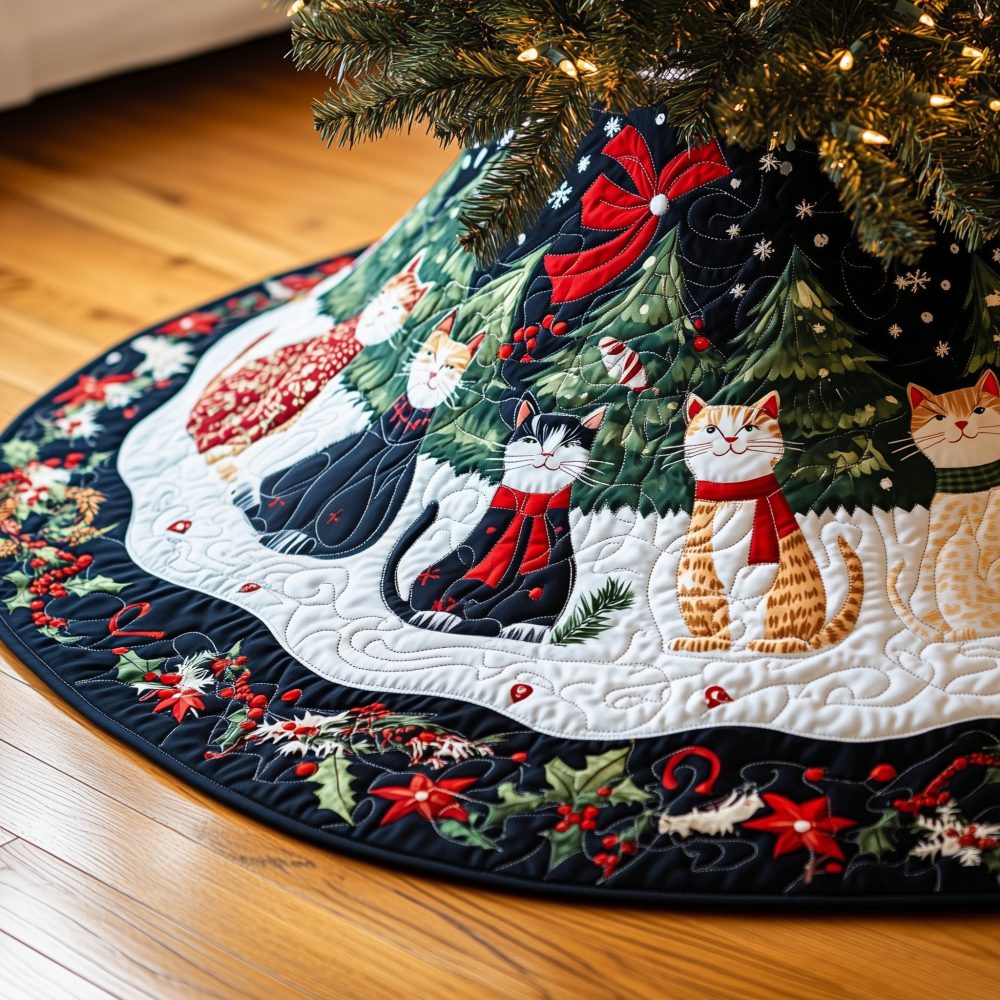 Scarf Cats On Snow Ring Tree Skirt — Whimsical Winter Cat Design On White Background, Made-To-Order, Custom Fit Options