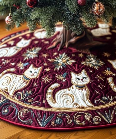 White Cats On Burgundy Velvet Tree Skirt — Luxurious Burgundy Holiday Skirt With Elegant Cat Design, Custom Sizes Available