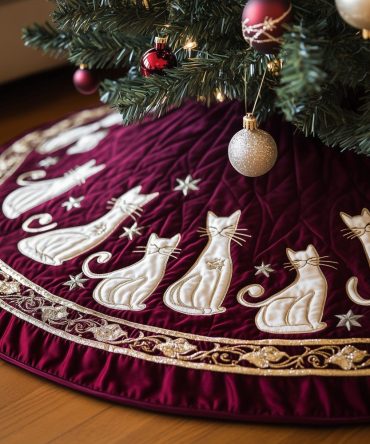 Wine Red Cat Silhouette Tree Skirt — Stylish Burgundy Cat Motif Holiday Skirt, Custom Fit, Plush Finish, Made To Order