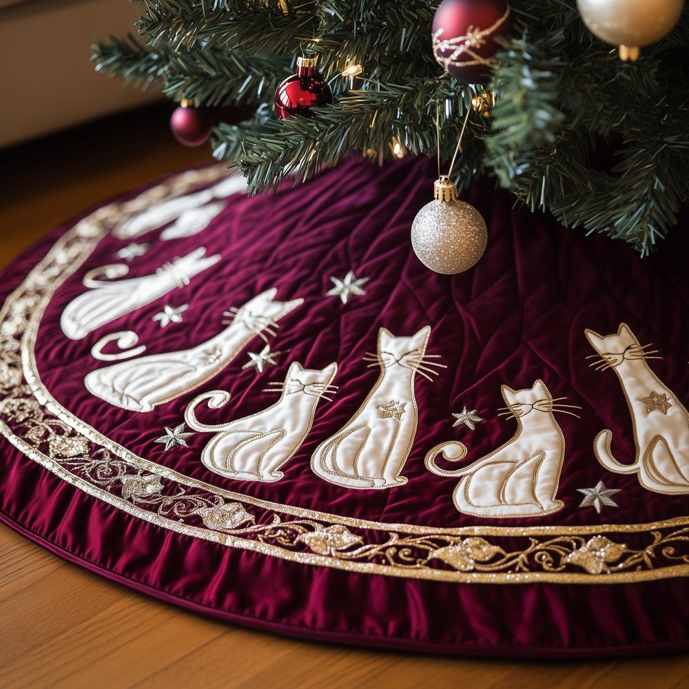 Wine Red Cat Silhouette Tree Skirt — Stylish Burgundy Cat Motif Holiday Skirt, Custom Fit, Plush Finish, Made To Order