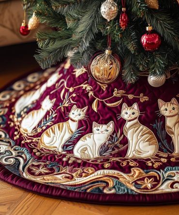 Folk Cats In Damask Ring Tree Skirt — Charming Cat-Themed Holiday Skirt With Folk Pattern, Custom Made, Cozy Fabric Choices