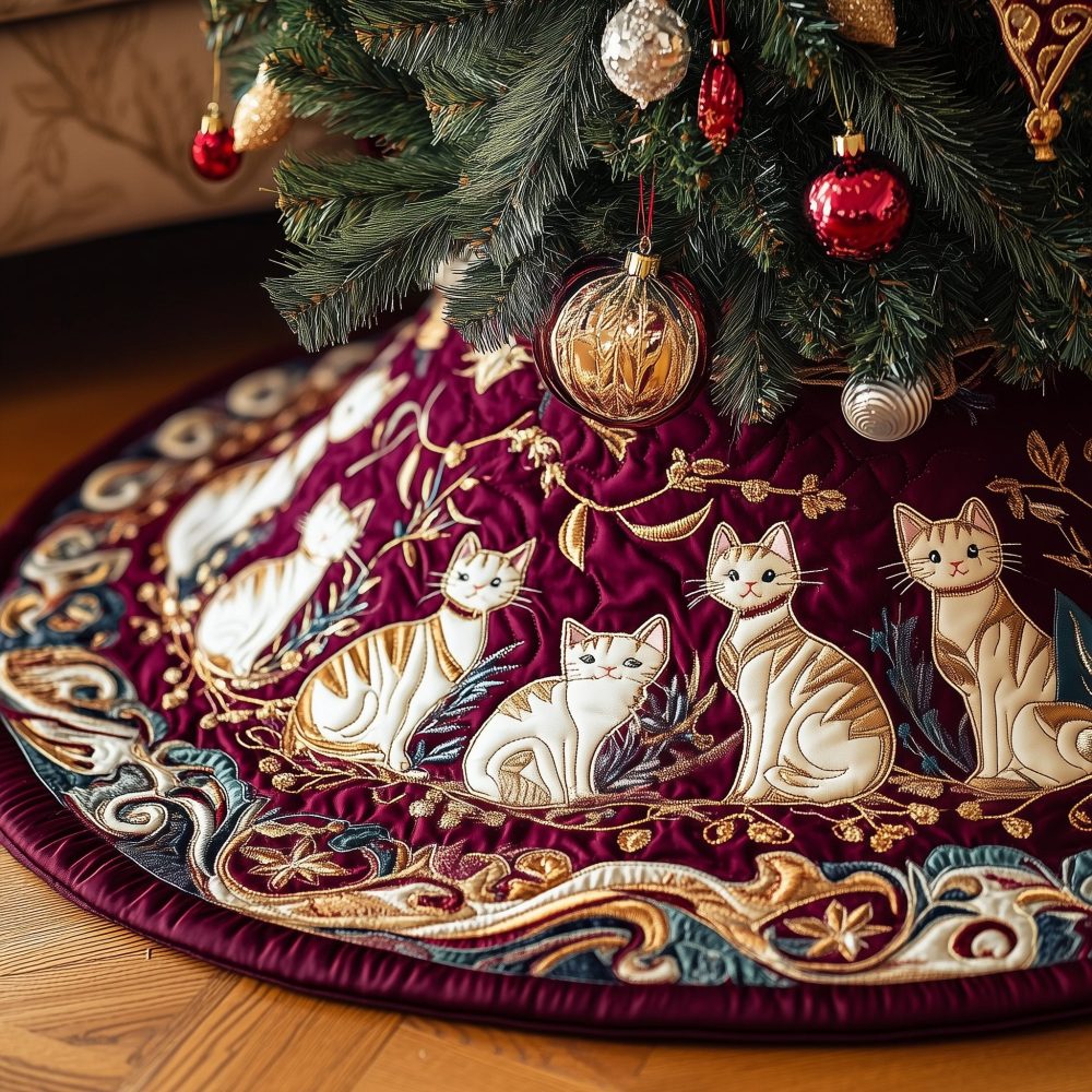 Folk Cats In Damask Ring Tree Skirt — Charming Cat-Themed Holiday Skirt With Folk Pattern, Custom Made, Cozy Fabric Choices