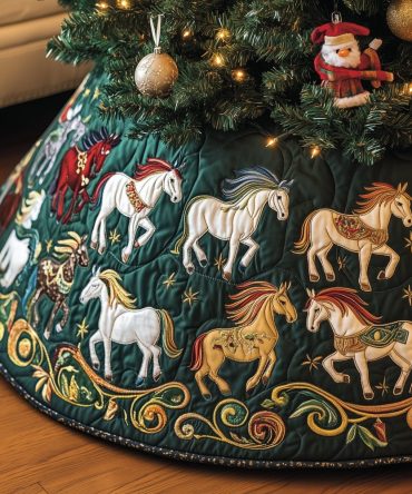 Evergreen Scroll Horse Christmas Tree Skirt — Handmade Equestrian Motif On Deep Green, Custom Holiday Décor For Home