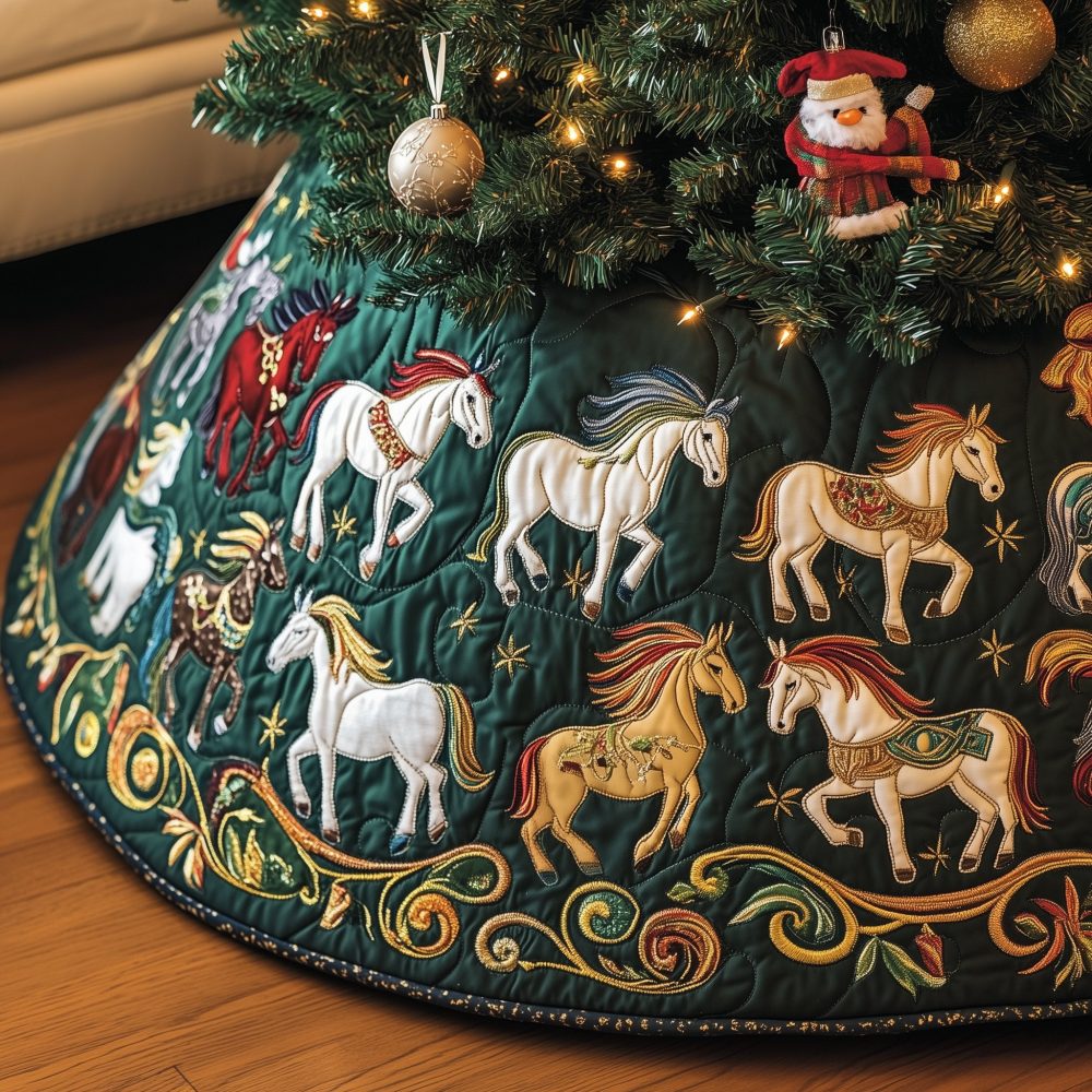 Evergreen Scroll Horse Christmas Tree Skirt — Handmade Equestrian Motif On Deep Green, Custom Holiday Décor For Home