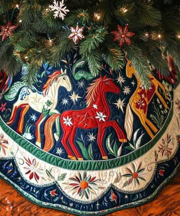 Handmade Starry Folk Horse Christmas Tree Skirt — Rustic Band Pattern On Navy, Custom Orders For Cozy Holiday Style