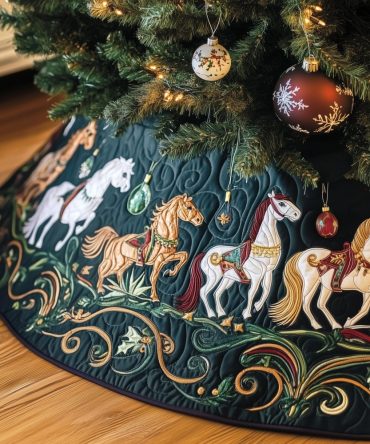 Forest Green Equestrian Christmas Tree Skirt — Handmade Horse Parade Design, Custom Sizes & Premium Holiday Décor