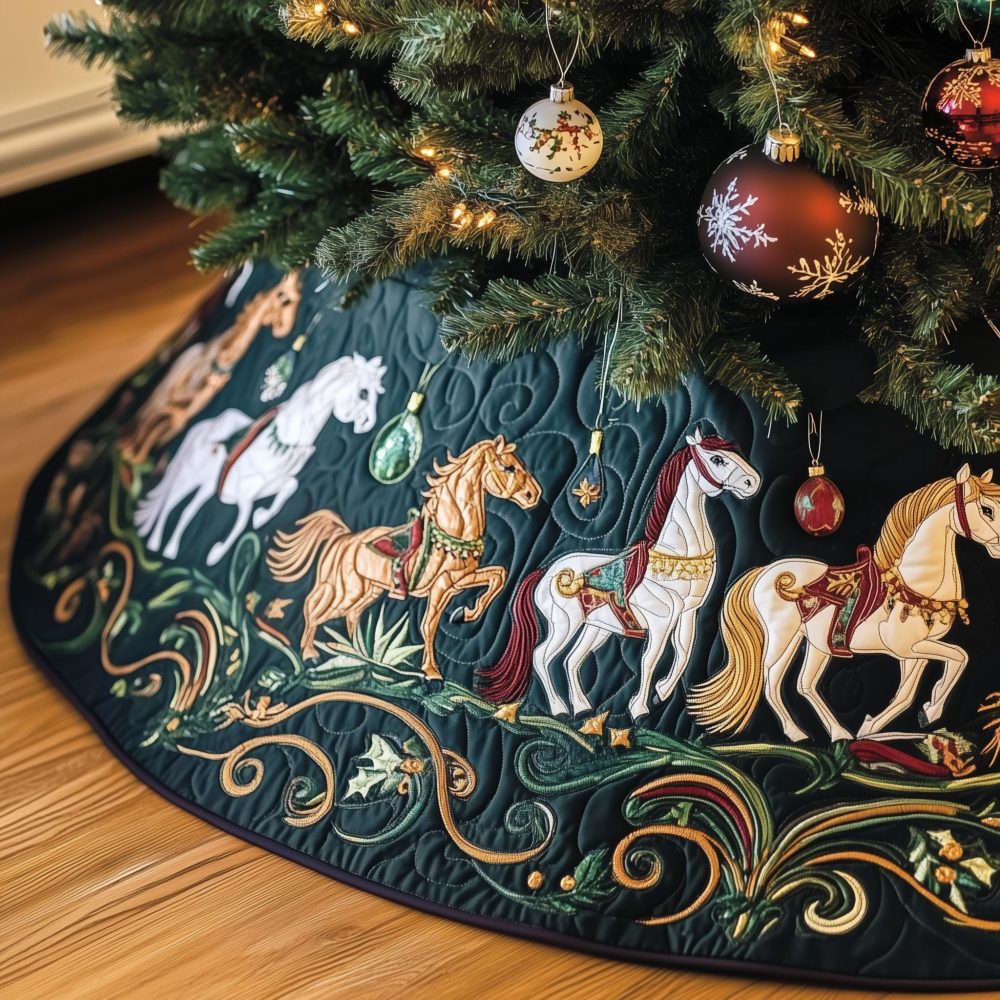 Forest Green Equestrian Christmas Tree Skirt — Handmade Horse Parade Design, Custom Sizes & Premium Holiday Décor