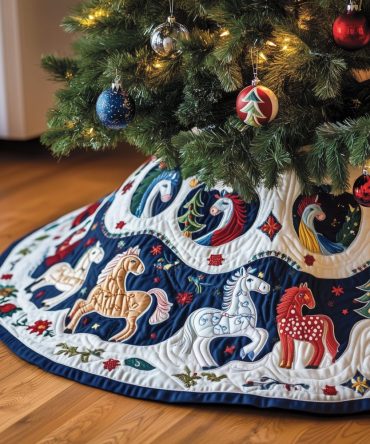 Rocking Horse Ring On Snow Christmas Tree Skirt - Classic Toy Motif On Snowy Backdrop, Custom Sizes, Soft Cozy Fabric, Charming Nursery Holiday Accent