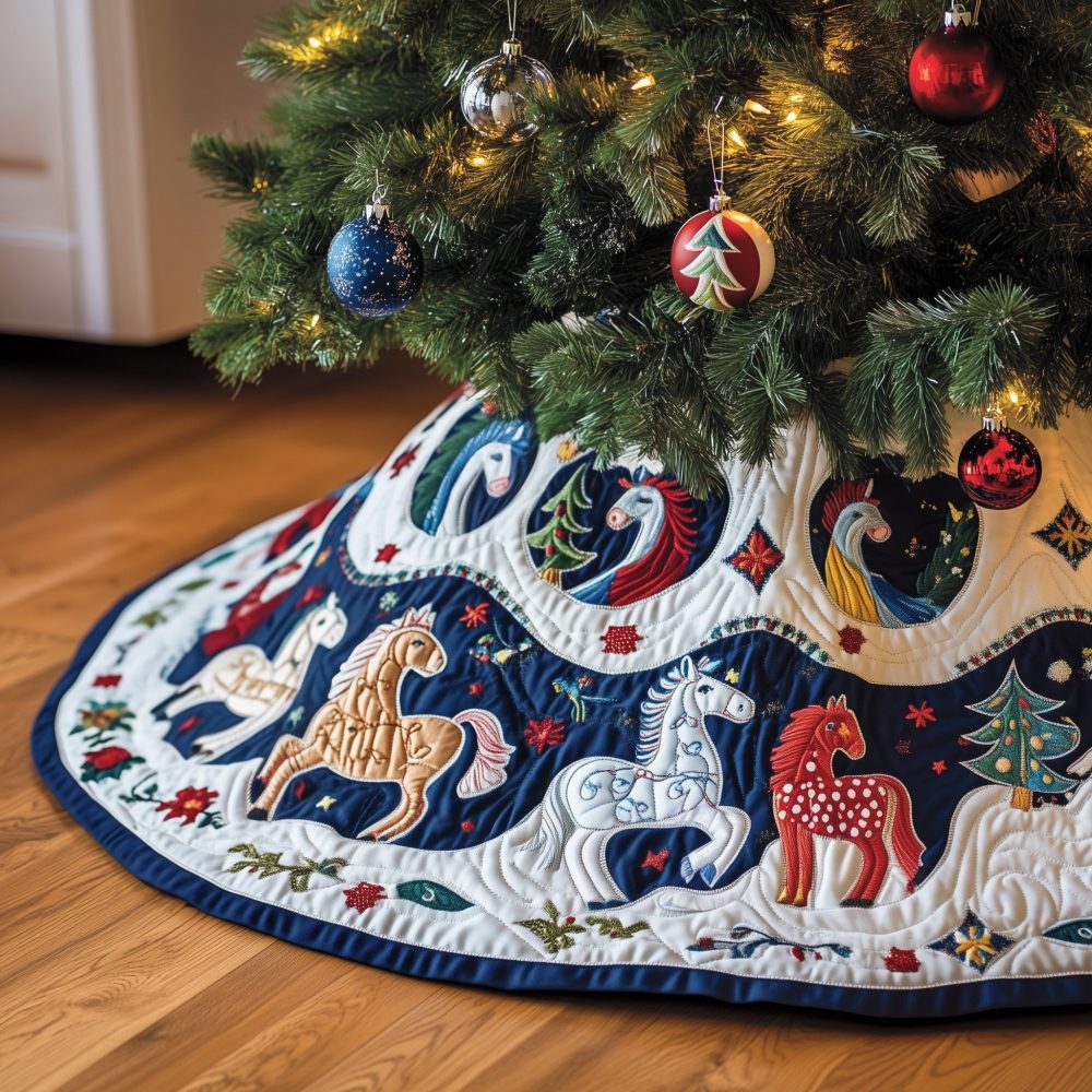 Rocking Horse Ring On Snow Christmas Tree Skirt - Classic Toy Motif On Snowy Backdrop, Custom Sizes, Soft Cozy Fabric, Charming Nursery Holiday Accent