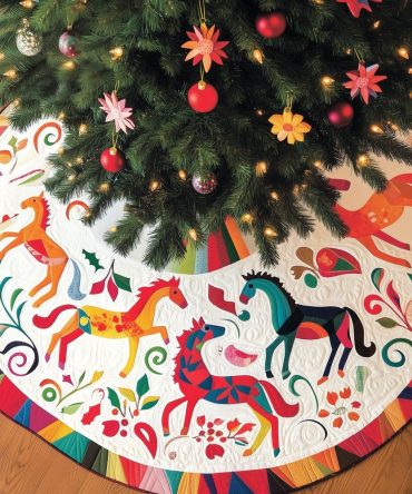 Rainbow Folk Horses Christmas Tree Skirt - Vibrant Folk Art Equestrian Design, Custom Fit Options, Colorful Boho Holiday Décor, Handmade To Order Gift