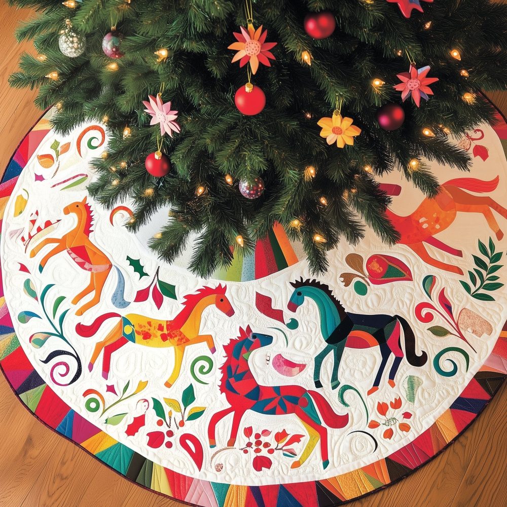 Rainbow Folk Horses Christmas Tree Skirt - Vibrant Folk Art Equestrian Design, Custom Fit Options, Colorful Boho Holiday Décor, Handmade To Order Gift