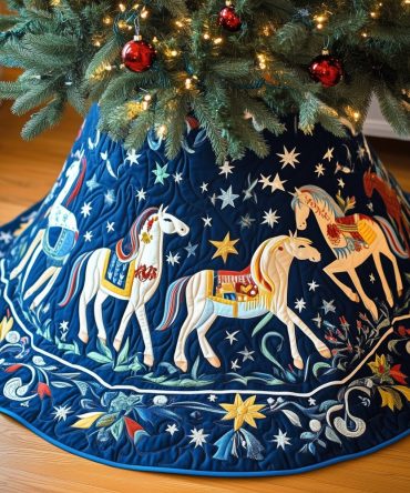 Royal Horses Under The Stars Christmas Tree Skirt - Majestic Equestrian Scene, Custom Sizes, Rich Embroidery, Perfect Gift For Horse Lovers & Stables