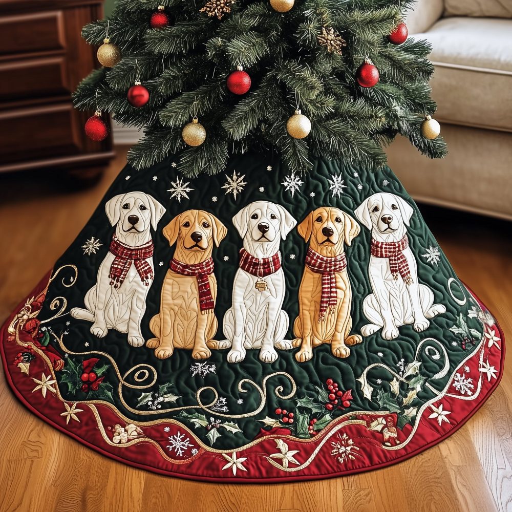 Festive Labrador Tree Skirt - Red Scarf Labs On Green Holiday Skirt, Handmade Christmas Tree Skirt With Dog Portraits, Custom Sizes