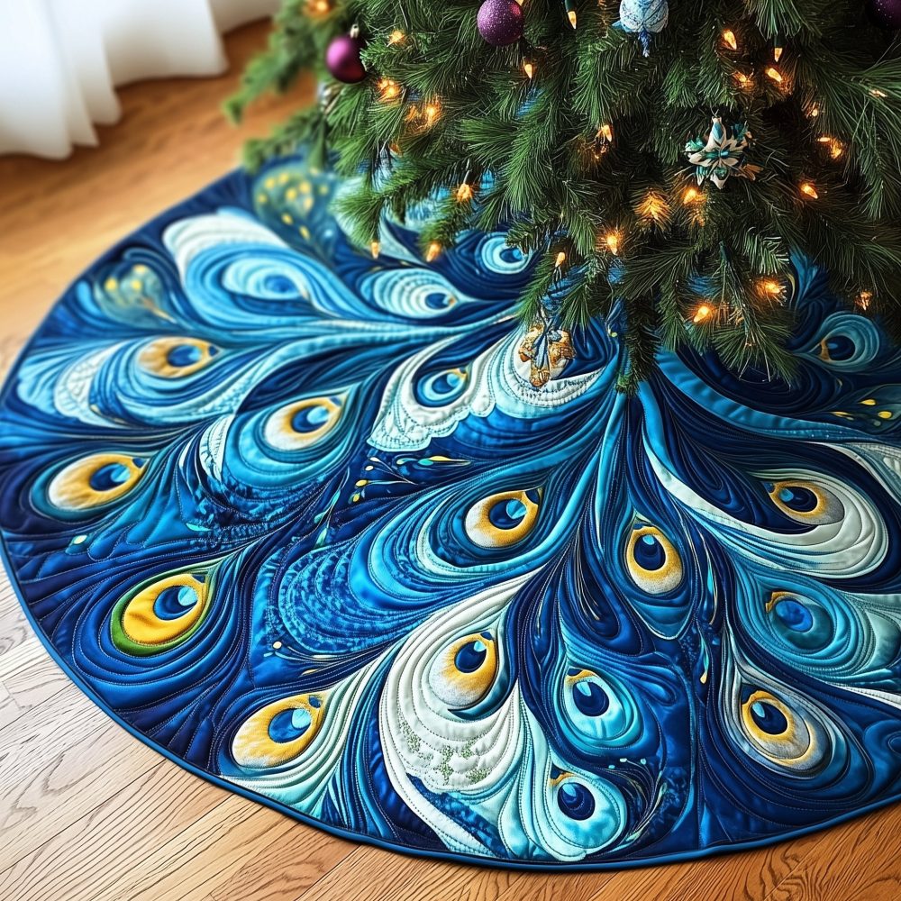 Peacock Feather Whirlpool Christmas Tree Skirt - Luxe Teal & Jewel-Tone Swirl, Handmade Holiday Skirt With Intricate Feather Detail, Custom