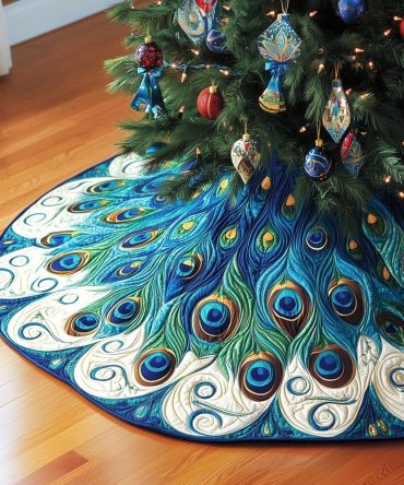 Snow-White Peacock Tail Fan Christmas Tree Skirt - Elegant Feather Fan Design, Handmade Holiday Skirt With Subtle Pastel Accents, Custom