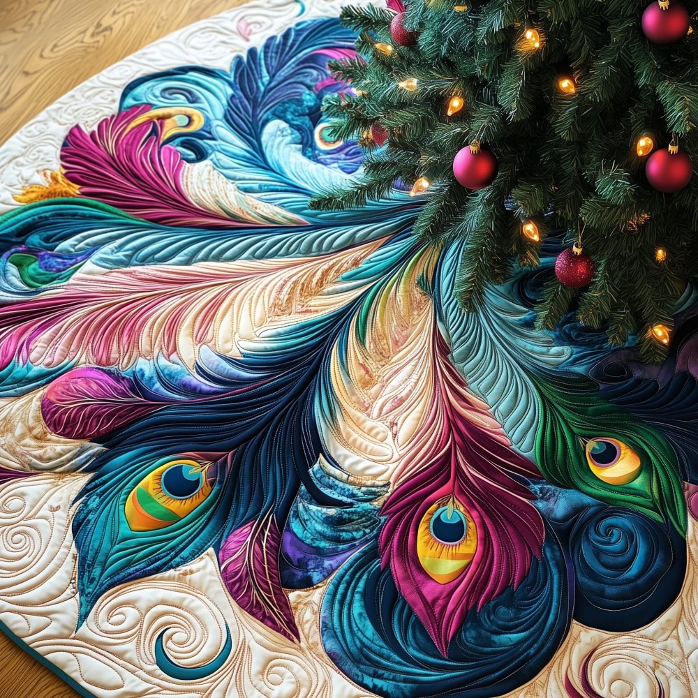 Pastel Feather Plume Christmas Tree Skirt - Soft Pastel Holiday Skirt With Feather Motif, Handmade & Customizable For Elegant Decor