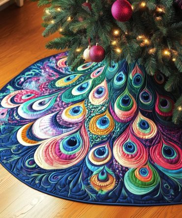 Jewel Peacock Spiral Christmas Tree Skirt - Vibrant Gem-Tone Feather Spiral Design, Handcrafted Holiday Skirt, Made-To-Order