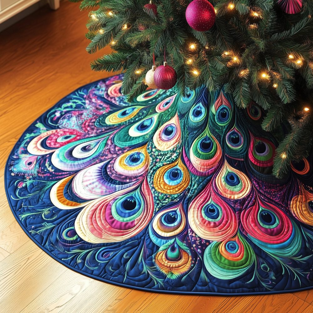 Jewel Peacock Spiral Christmas Tree Skirt - Vibrant Gem-Tone Feather Spiral Design, Handcrafted Holiday Skirt, Made-To-Order