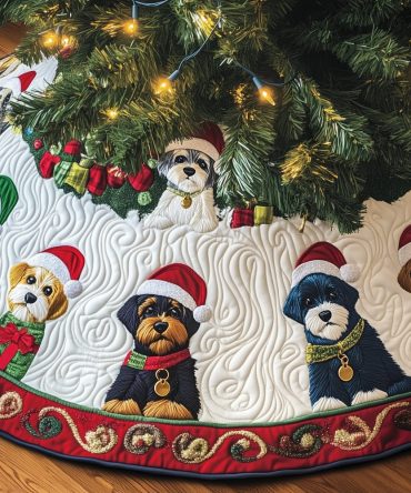 Festive Schnauzer Christmas Tree Skirt - Red Trim & Santa Hat Dog Design, Handmade Holiday Skirt Perfect For Dog Lovers, Custom