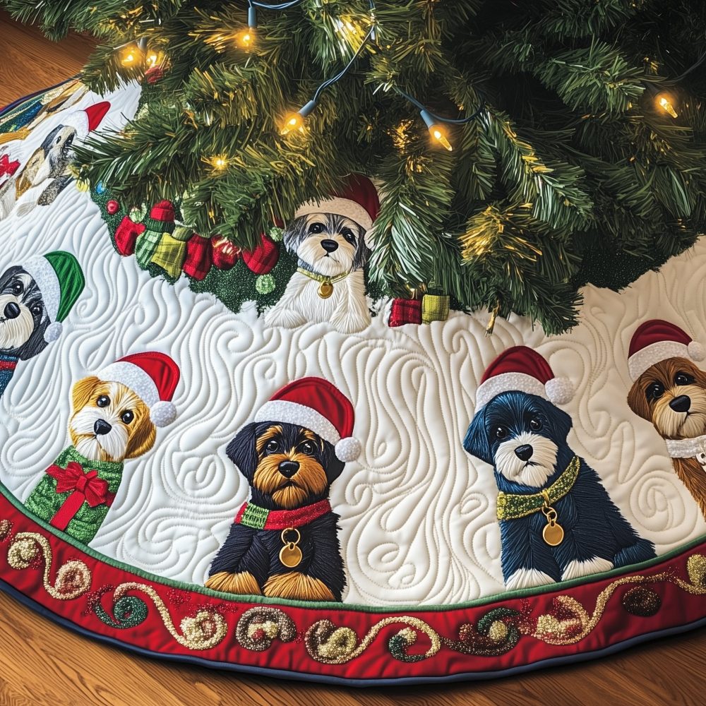 Festive Schnauzer Christmas Tree Skirt - Red Trim & Santa Hat Dog Design, Handmade Holiday Skirt Perfect For Dog Lovers, Custom