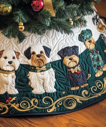 Emerald Gold Schnauzer Row Christmas Tree Skirt - Luxury Holiday Skirt With Dog Motifs, Handcrafted & Customizable