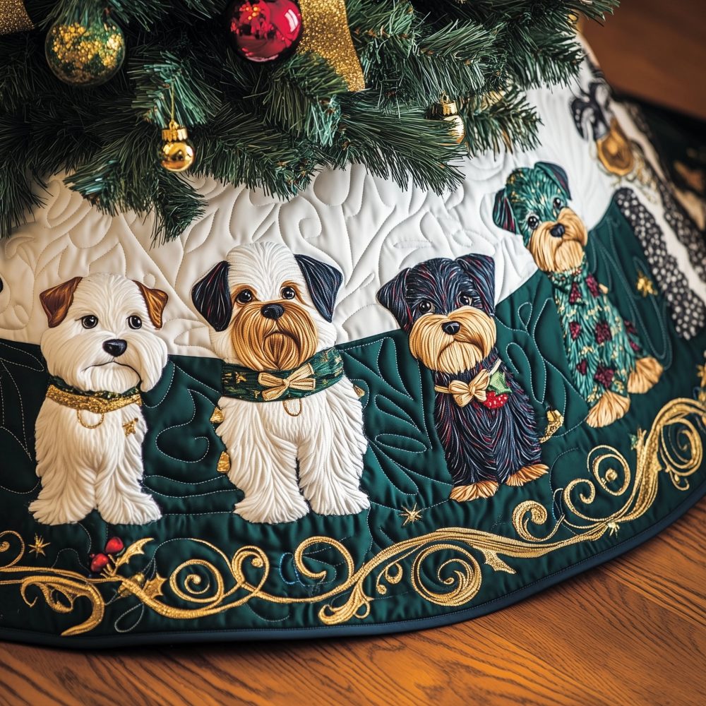 Emerald Gold Schnauzer Row Christmas Tree Skirt - Luxury Holiday Skirt With Dog Motifs, Handcrafted & Customizable
